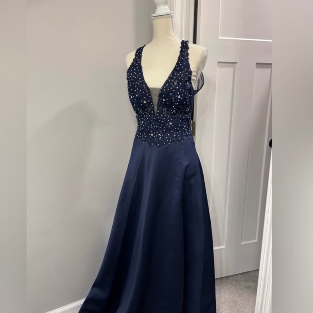 Stacy Sklar Prom or Formal Dance Dress in navy with crystals